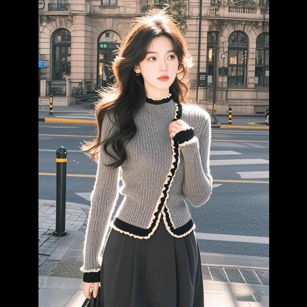 高级感气质百搭打底上衣显白减龄小众花边条纹超好看毛衣复古外穿