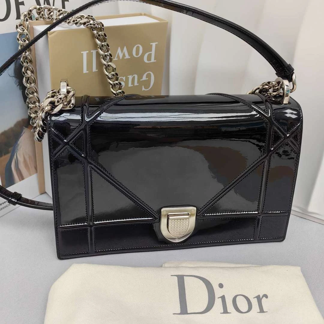 95新 DIOR/迪奥 迪奥黑色漆皮盾牌包中号单肩女包13725219