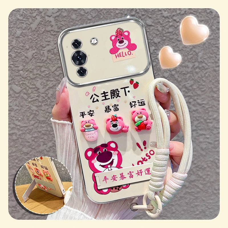 适用【华为nova10/pro】手机壳粉色草莓熊大视窗折叠支架硅胶女可爱