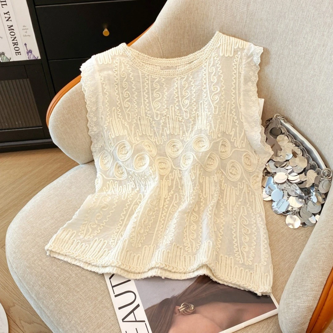 VALVOELITE女装圆领刺绣亚麻马甲背心夏季无袖麻上衣