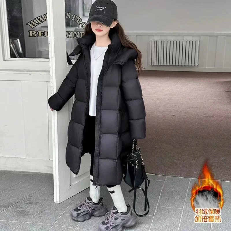 501066《黑》儿童休闲百搭时尚男童女童连帽中长款洋气羽绒服