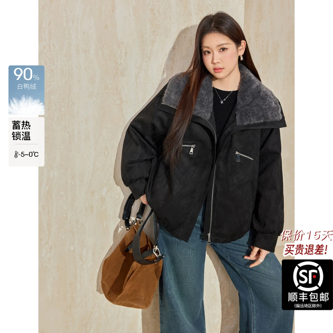 蓝语大码黑色毛领2025冬季胖mm加厚保暖90白鸭绒短外套派克羽绒服