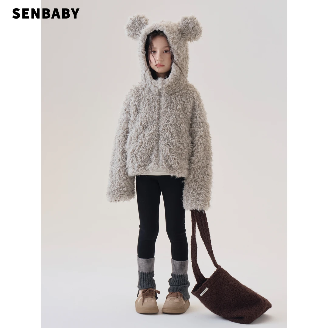 【现货】senbaby女童可爱保暖外套2025新款秋冬立耳加绒连帽外套