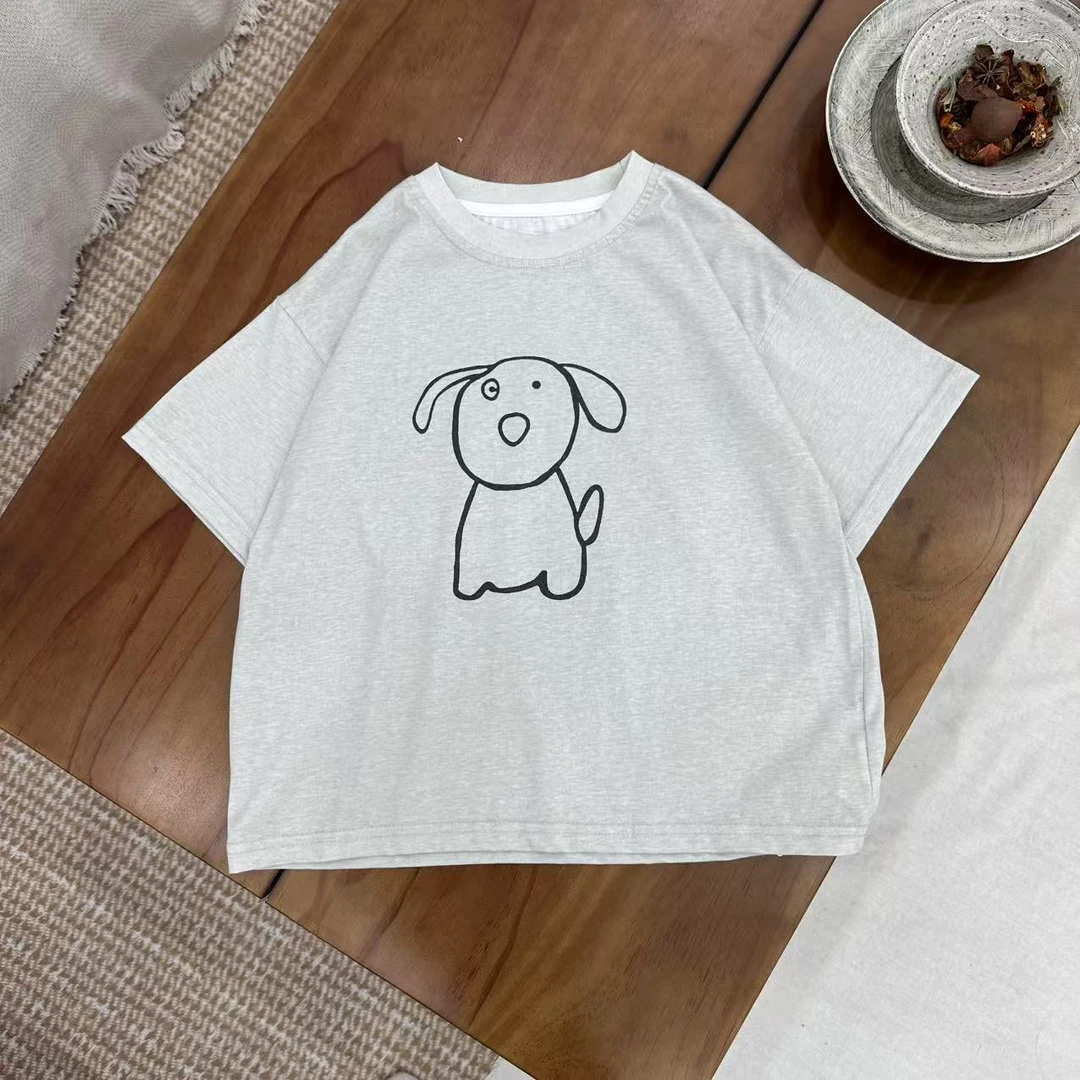 〖姐姐家〗2025夏款萌娃穿搭简笔画小狗印花T恤mu1187