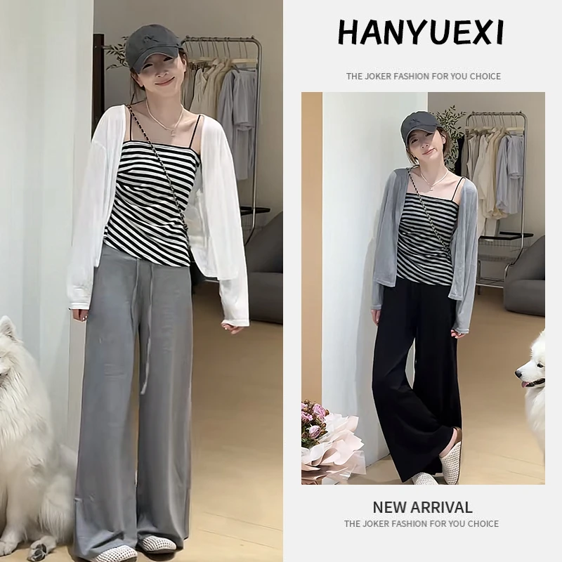 夏季时尚一整套女装2025新款洋气条纹吊带防晒开衫休闲裤三件套潮