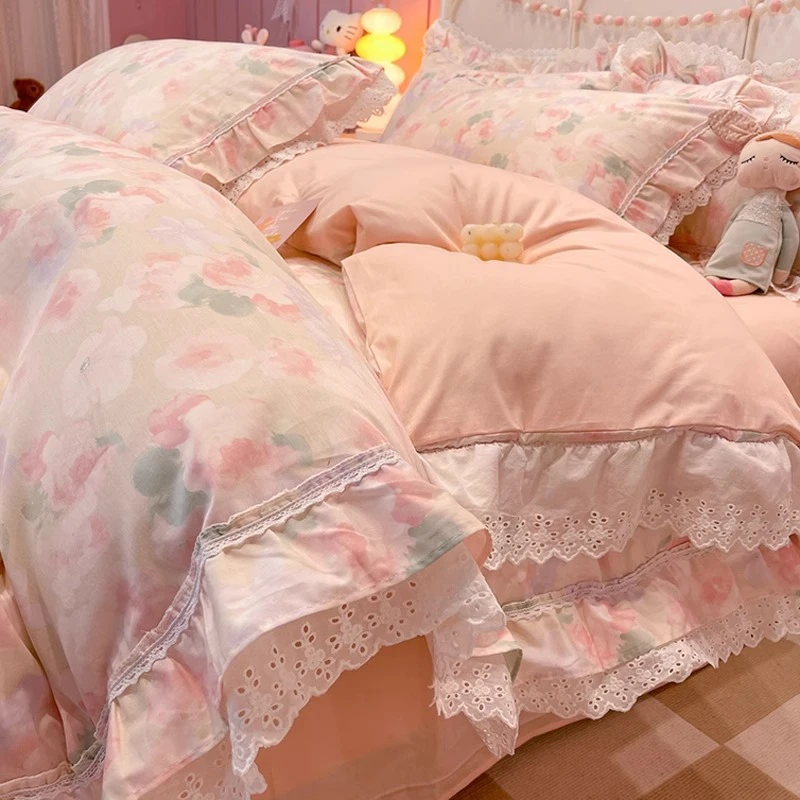 少女心韩式花边全棉四件套纯棉床上用品公主风被套床单轻奢高级感