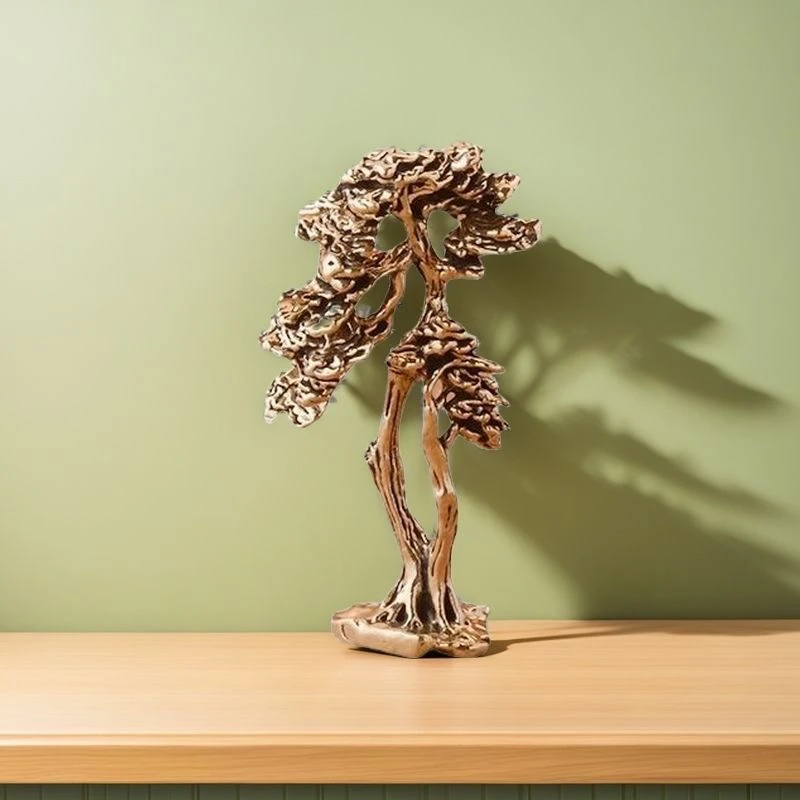 假山奇石微景观造景迎客松摆件黄铜树个性仿真松树家居装饰铜摆件