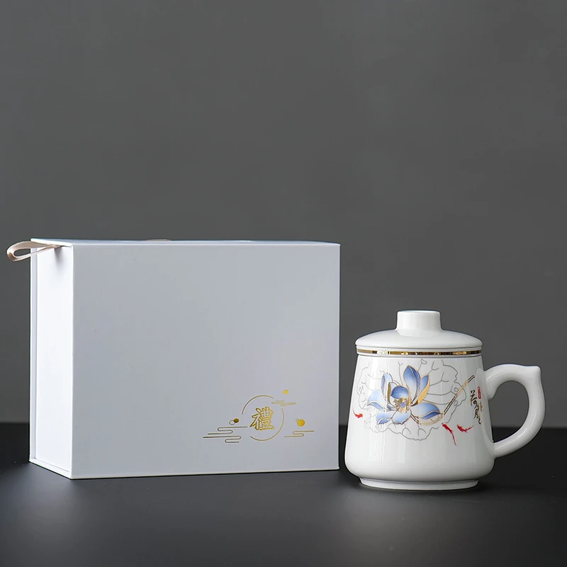 梵愿简约羊脂玉瓷泡茶杯茶水分离杯个人家用办公带盖过滤水杯定制