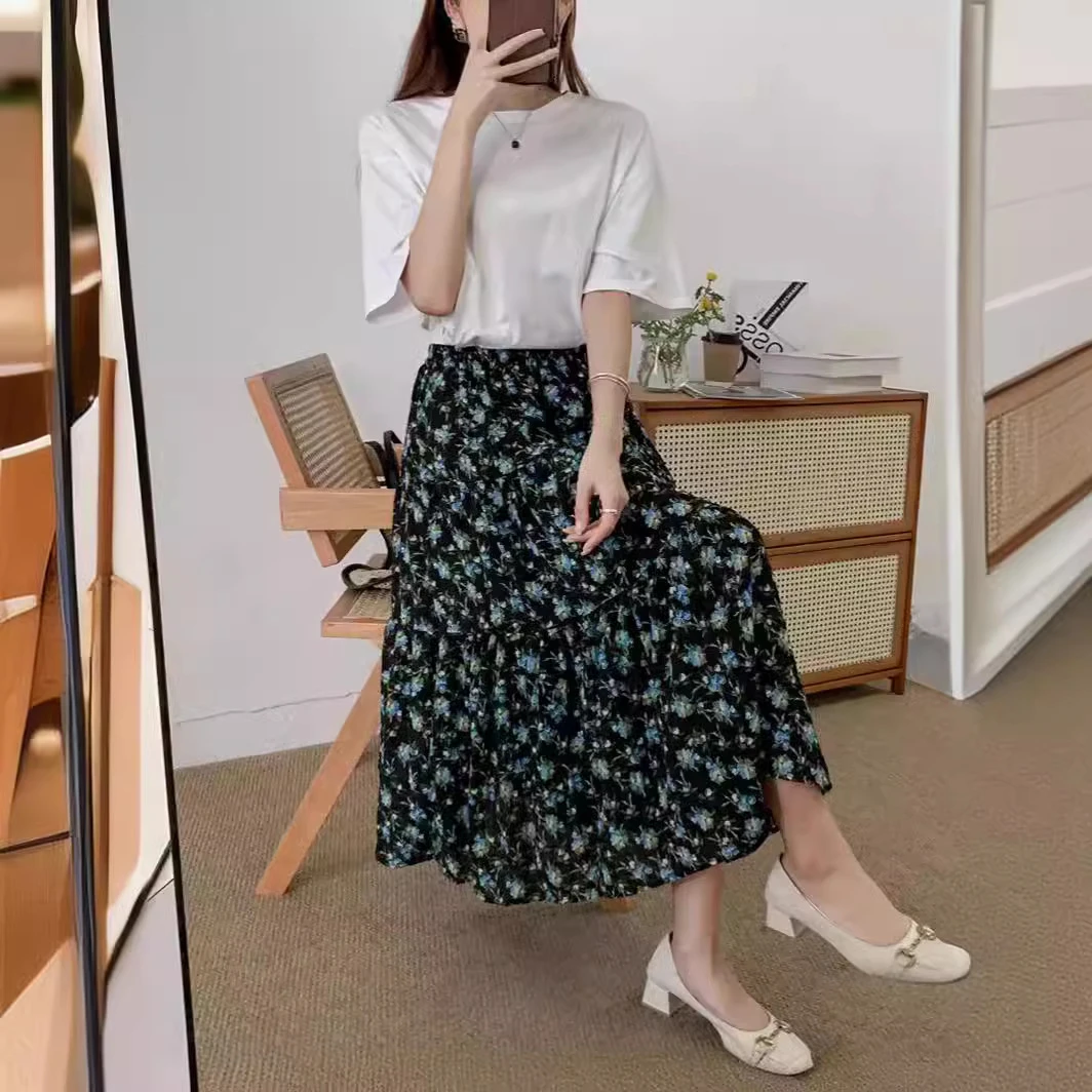 碎花田园风半身裙女新款垂感蛋糕裙韩版中长款字裙高弹吊染芙蓉