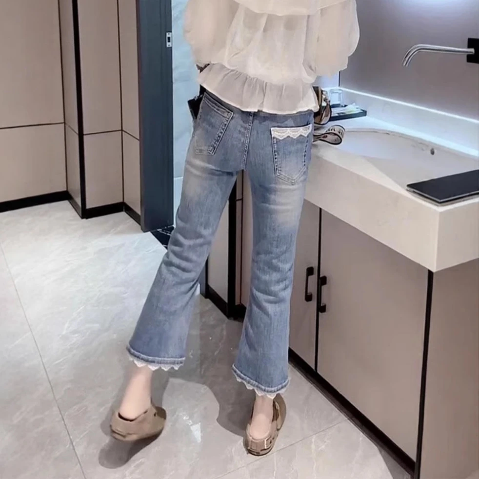 大码弹力蓝色九分牛仔裤女夏季薄款小个子高腰显瘦直筒马蹄微喇裤