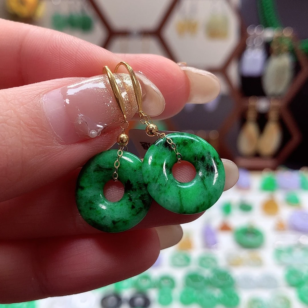 翡翠耳饰18K金镶嵌天然翡翠