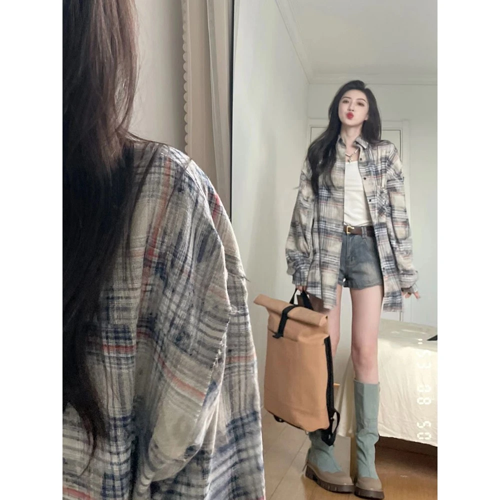 美式复古格子长袖衬衫女春秋设计感小众外搭薄款风衬衣外套潮