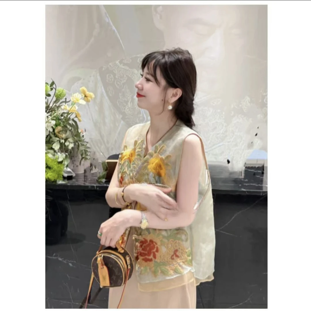 【牡丹刺绣】百搭无袖气质中国风常规马夹黄色薄款民族风夏季刺绣