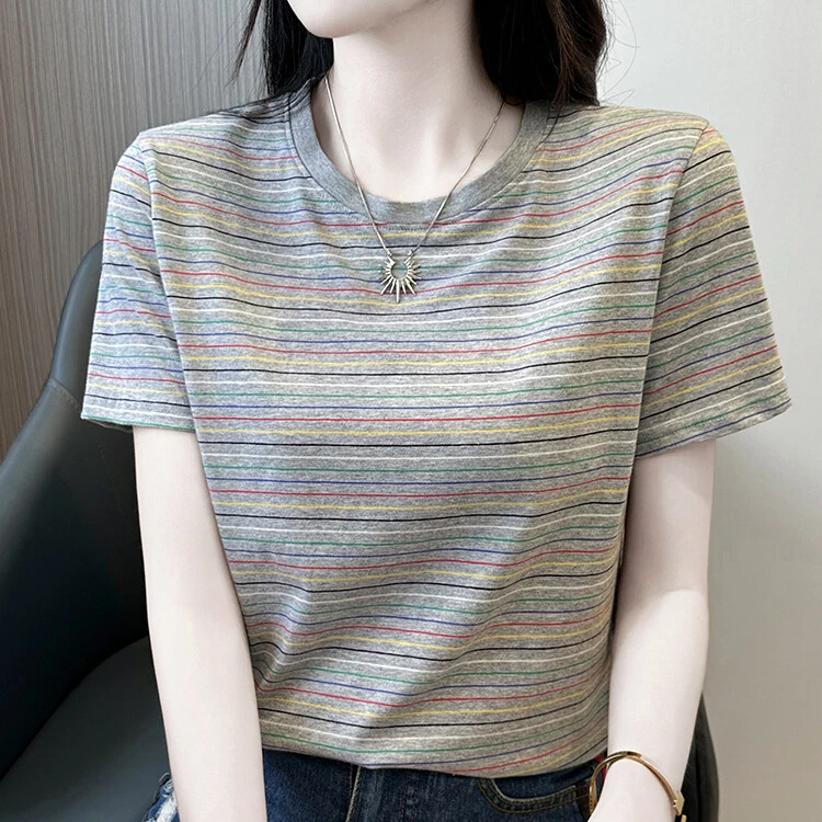 95棉短袖t恤女2025新款时尚条纹半袖体恤衫夏季百搭宽松正肩上衣