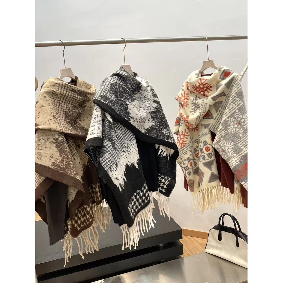 B高克重仿羊绒！复古水墨画双面斗蓬千鸟格保暖披肩围巾1229 H7055