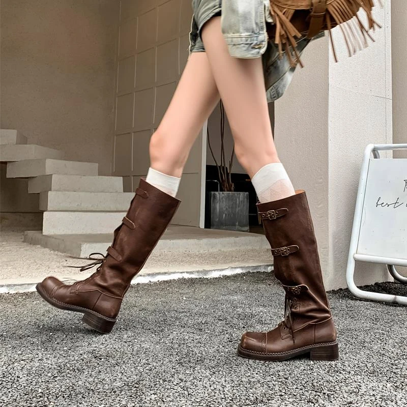 WLi手工鞋履复古系带扣带西部靴骑士靴方头显腿长美拉德长筒靴女