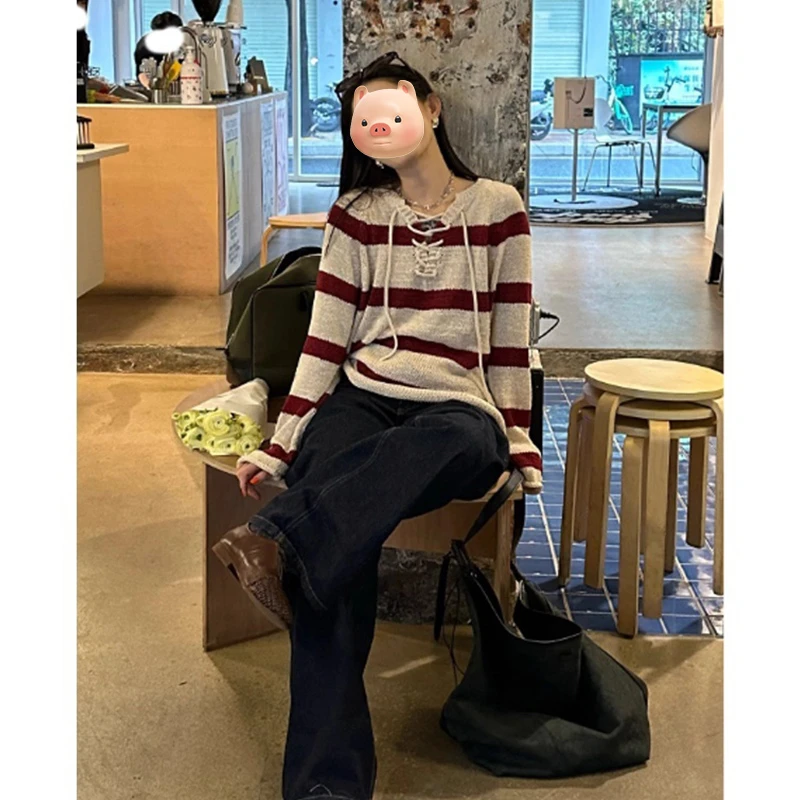 撞色条纹系带套头毛衣女2025早秋季新款宽松慵懒风针织衫长袖上衣