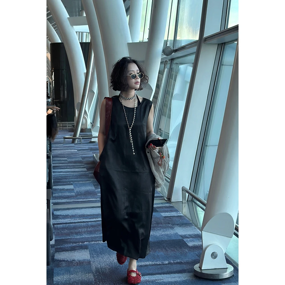Y【叭哒不惑】观夏 桑蚕丝香云纱无袖极简风显瘦纯色连衣裙