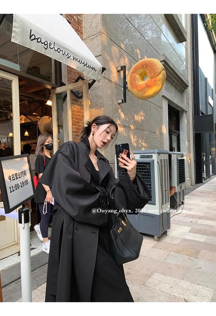 区区欧阳【秀场风衣】翻领双排扣外套女秋季新款小个子中长款大衣