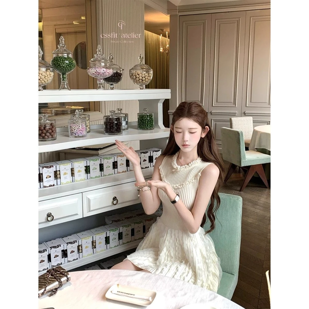 云朵bouquet 高定手工木耳边花边褶皱蝴蝶结无袖针织裙连衣短裙