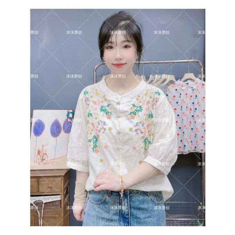 沫沫原创 刺绣夏季中袖立领新中式衬衫上衣百搭复古文艺小众绣花