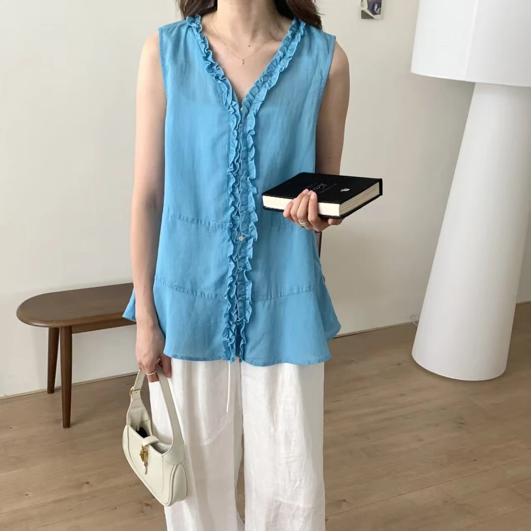 2025夏季新款天丝苎麻木耳边V领上衣韩系百搭纯色衬衫女