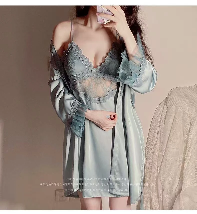 蕾丝睡衣V领秋季女长袖时尚睡裙纯欲蕾丝