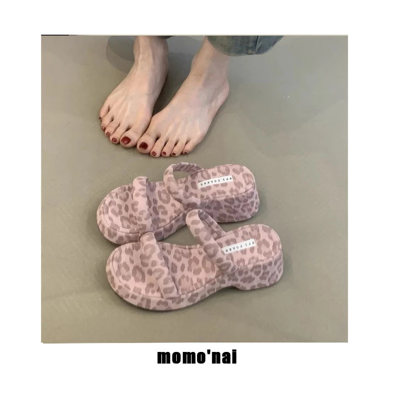 momo'nai 厚底粉豹纹凉拖鞋女夏季法式温柔晚风配裙子休闲沙滩一
