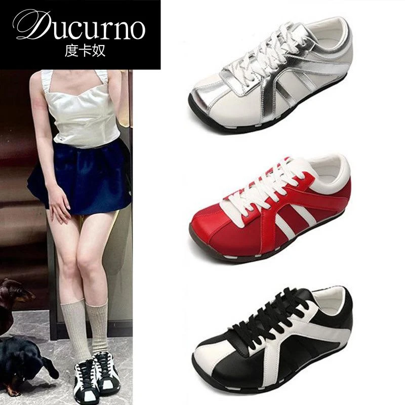 DUCURNO 赵露思倪妮同款方头老爹鞋百搭芭蕾运动休闲拼色真皮女鞋