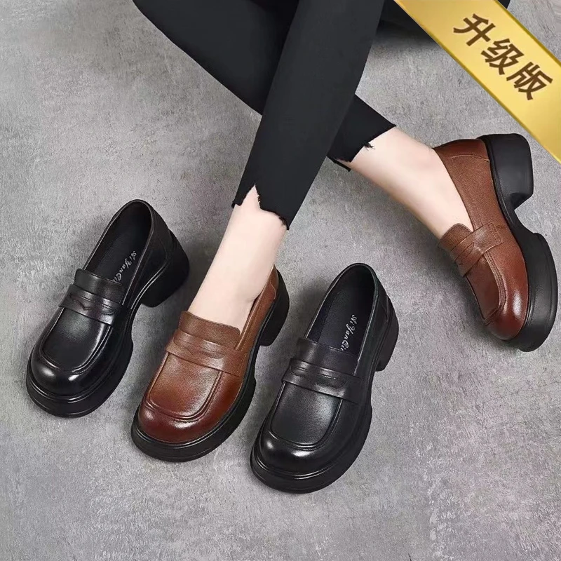 软皮英伦风厚底小皮鞋女2025年新款一脚蹬乐福鞋白色jk赫本风单鞋