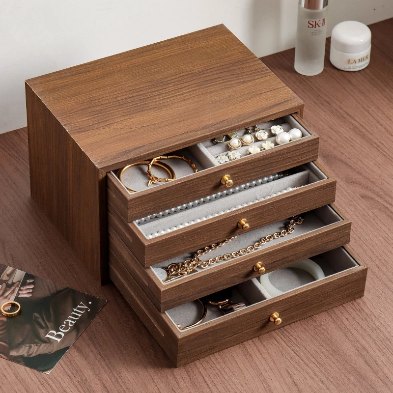 新中式多层首饰盒高档精致收纳盒胡桃木纹饰品盒戒指耳环钉珠宝盒
