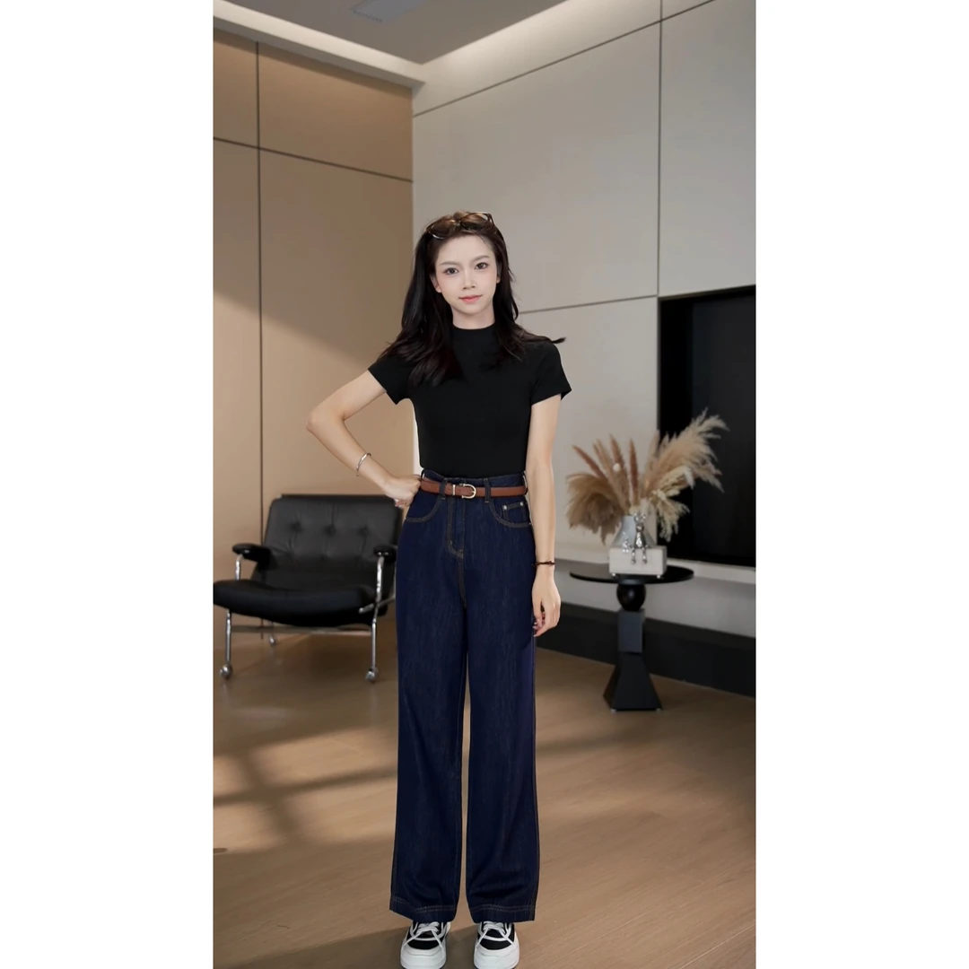 【现货】丹宁蓝美式宽松阔腿新款拖地牛仔裤-5389