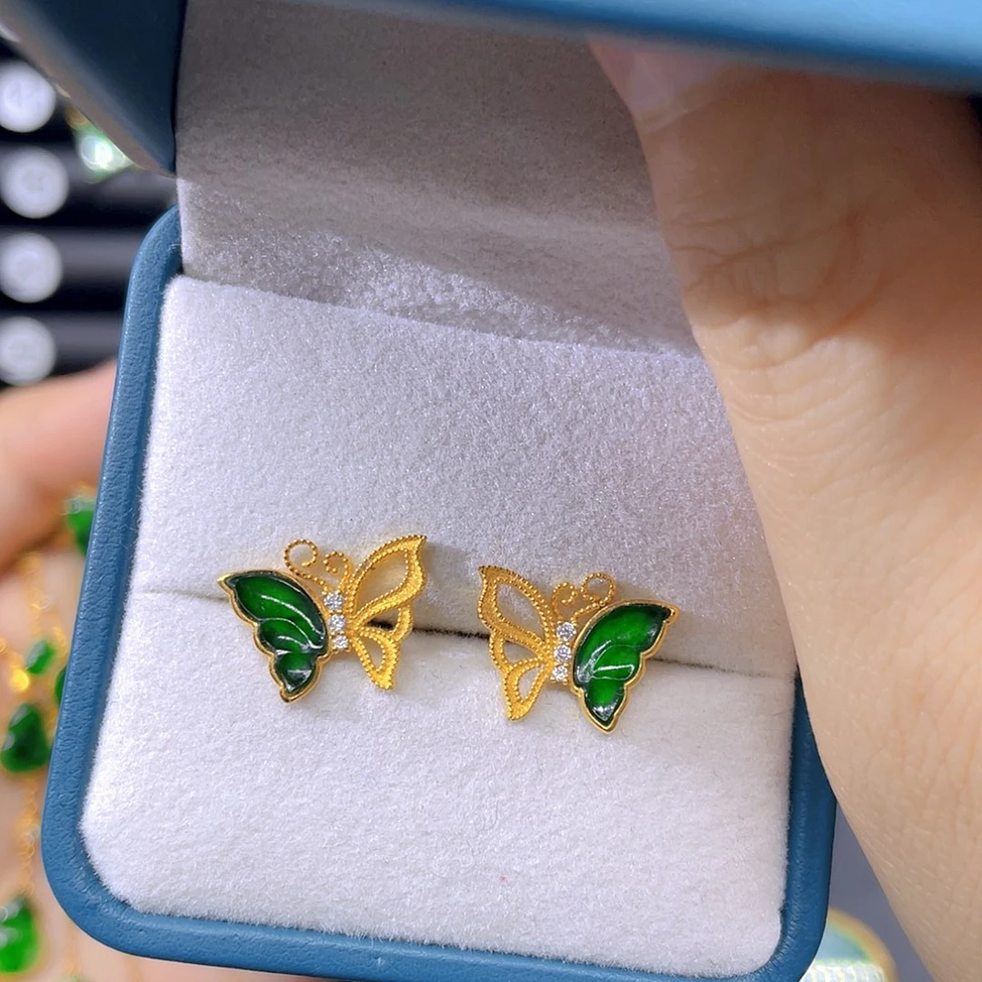 翡翠18K金镶嵌耳饰天然翡翠