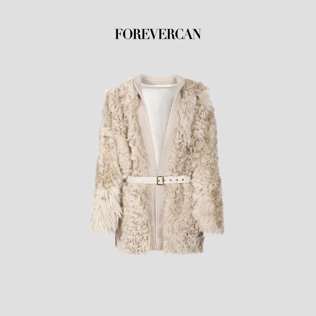 FOREVERCAN“暮光之旅”拼接羊毛绵羊皮皮带皮草大衣外套CANMY2875
