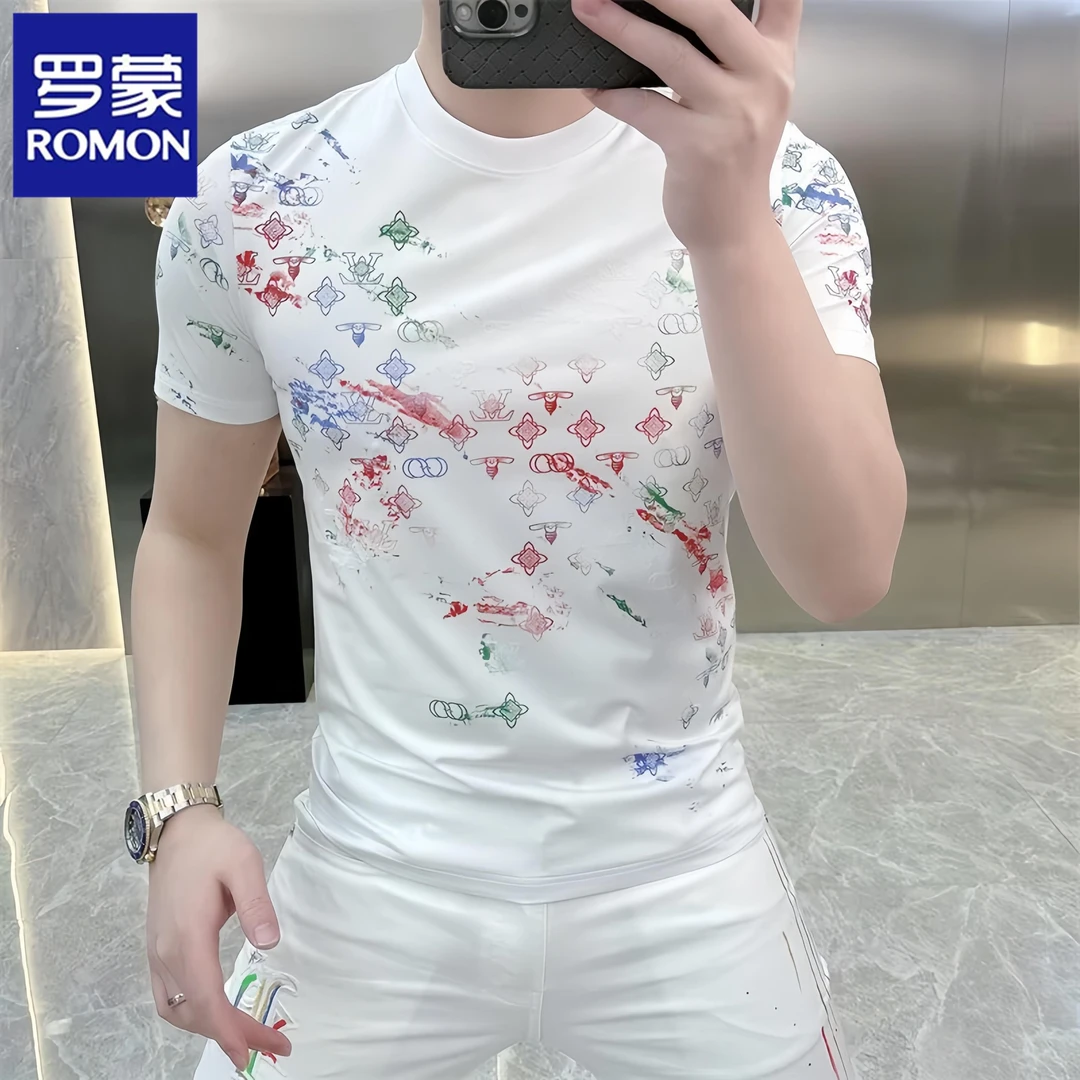 罗蒙新款夏季欧洲站潮牌网红印花短袖T恤男时尚修身百搭帅气圆领t