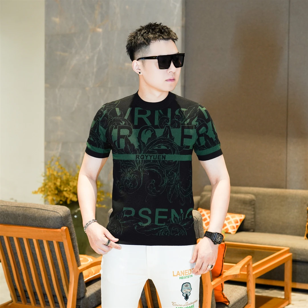 2025秋季新品男士重工黑绿撞色针织圆领短袖针织毛衣打底衫GL3821