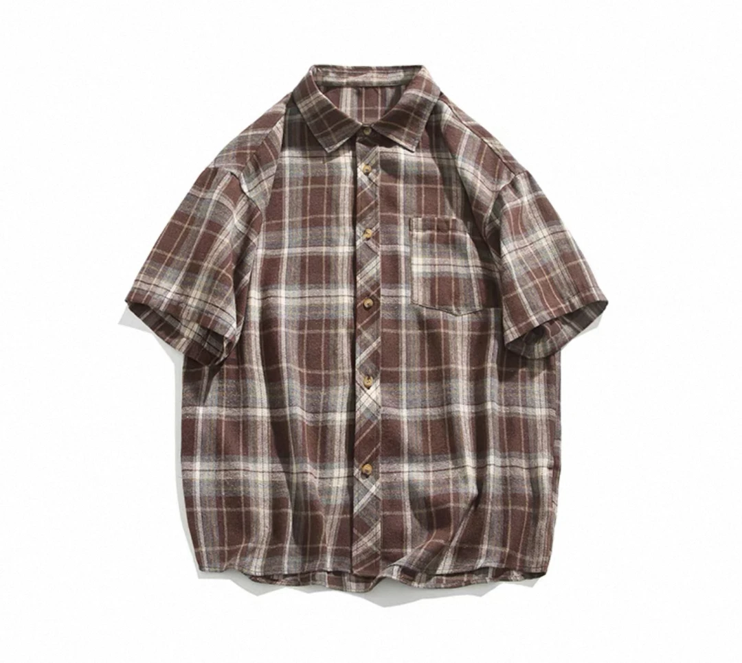 军格美式潮牌衬衣男装短袖衬衫落肩袖休闲复古港风格子衬衫上衣