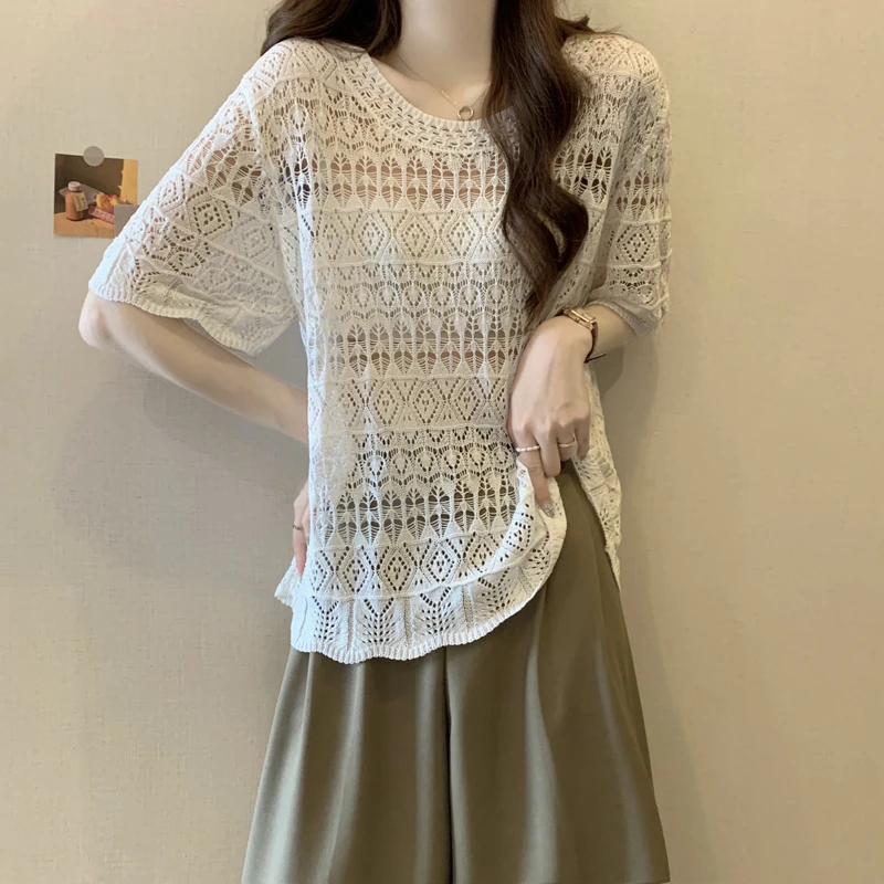 法式镂空短袖半身裙针织衫女夏季新款大码胖MM减龄冰丝百搭上衣