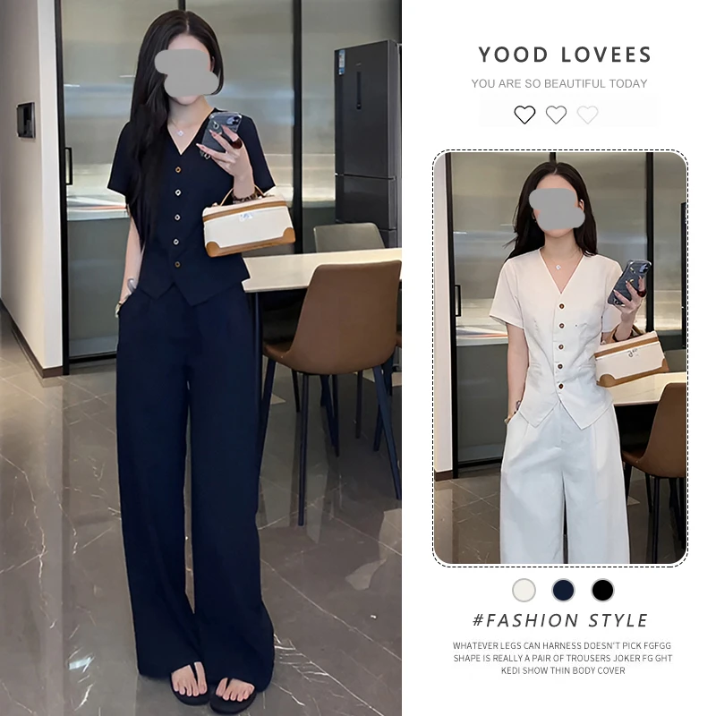 高级感时尚气质套装女夏季新款收腰显瘦短袖上衣阔腿裤洋气两件套