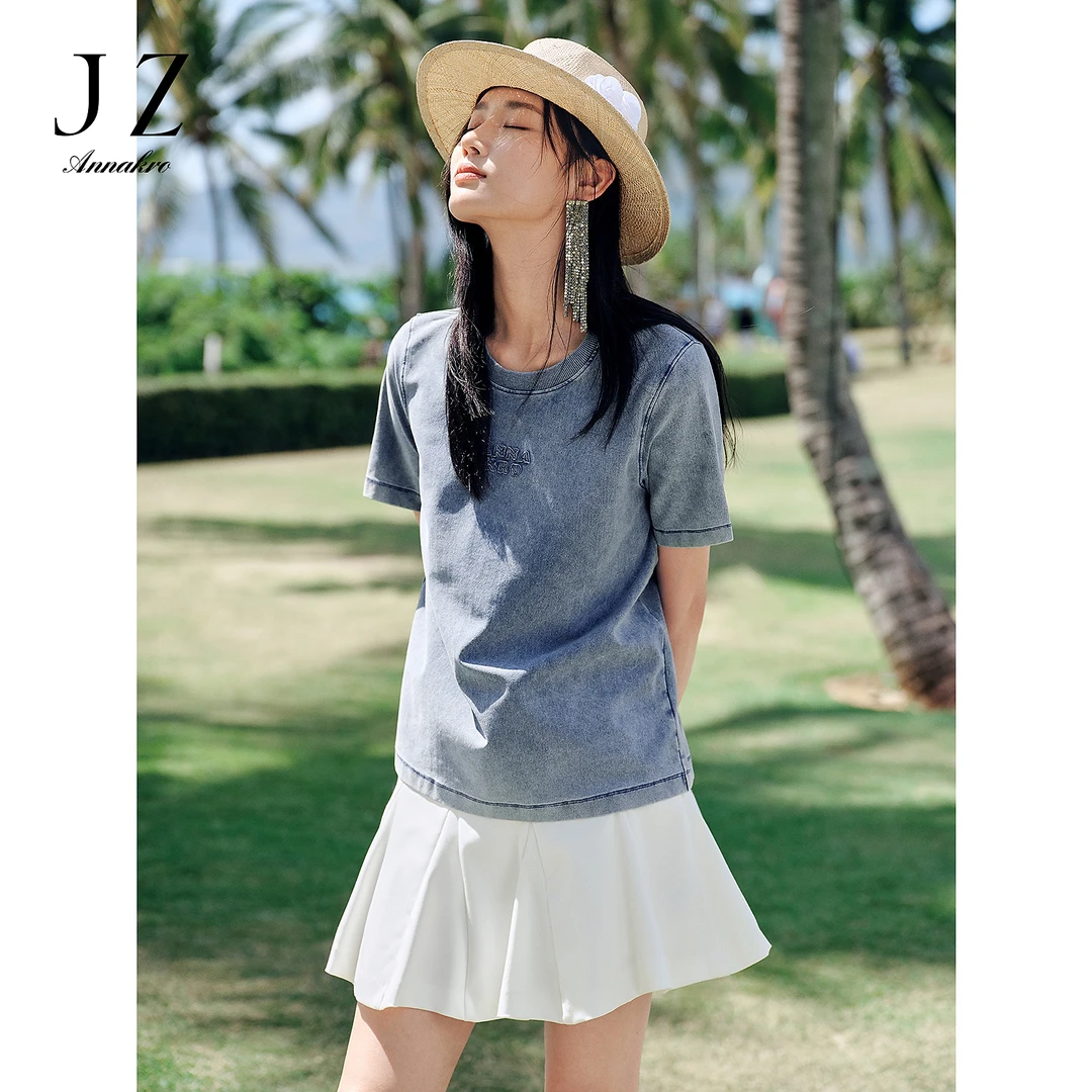 【海盐之夏】玖姿安娜蔻KWFX83219休闲简约怀旧水洗短袖T恤女2025夏
