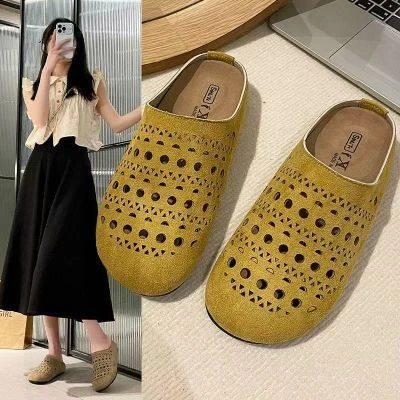 新款镂空洞洞一脚蹬懒人勃肯鞋百搭时尚包头半拖鞋女外穿上新