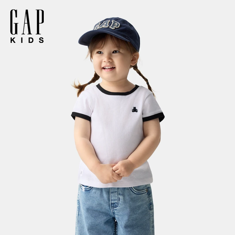 Gap女幼童2025春夏新款小熊刺绣撞色坑条短袖T恤儿童装美版744462