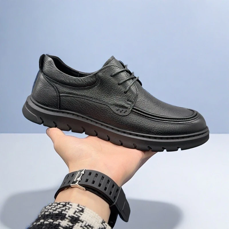 2025春秋季新款商务百搭休闲皮鞋男软底舒适透气系带中年爸爸鞋