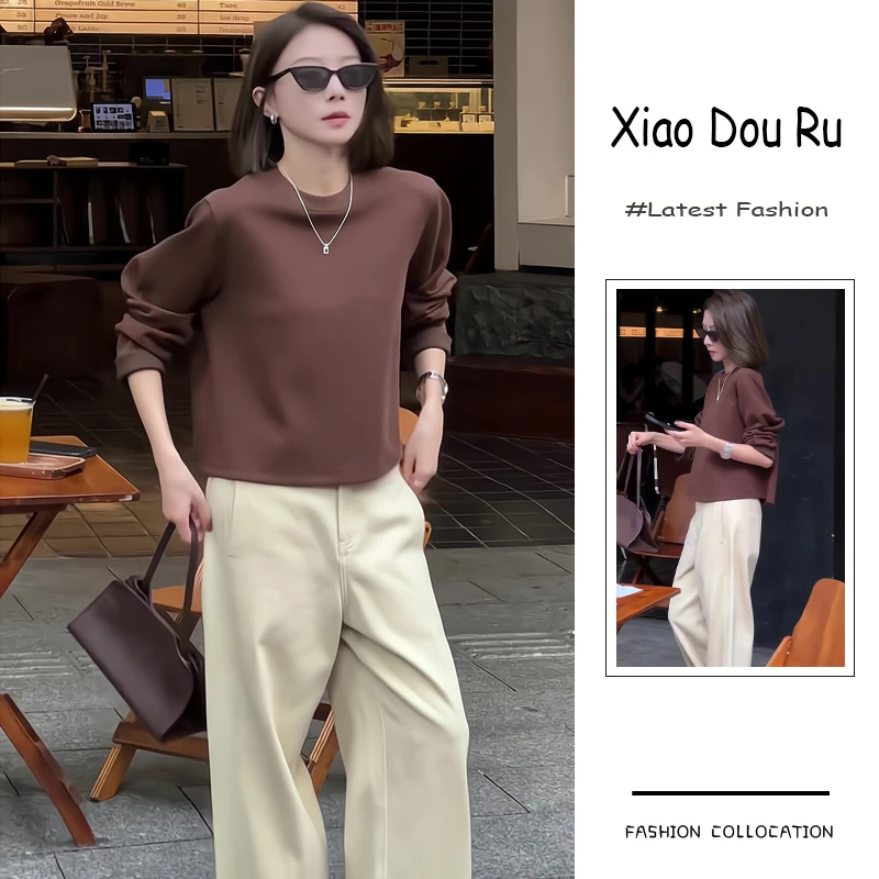 秋季流行穿搭一整套新款2025年韩系复古圆领百搭卫衣阔腿裤两件套