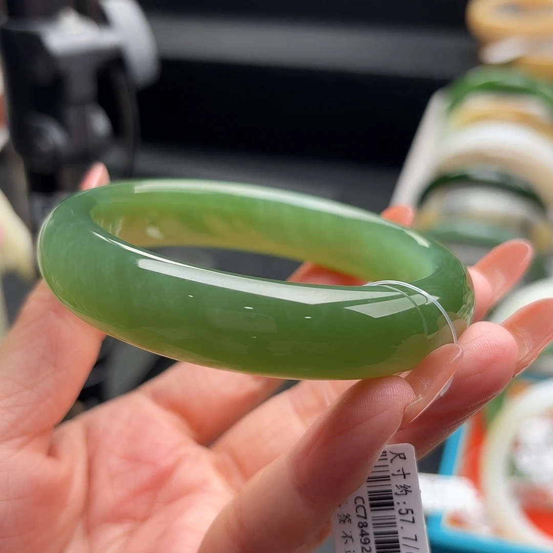 和田玉未镶嵌手镯冰底绿猫 猫眼活 猫丝结构不花57.7