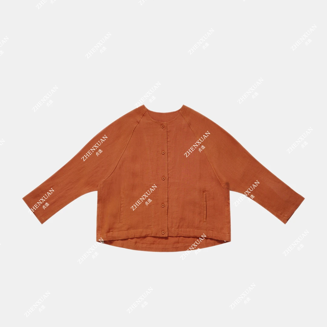 1359-透气圆领汉麻宽松型女通勤风短外套秋季简约