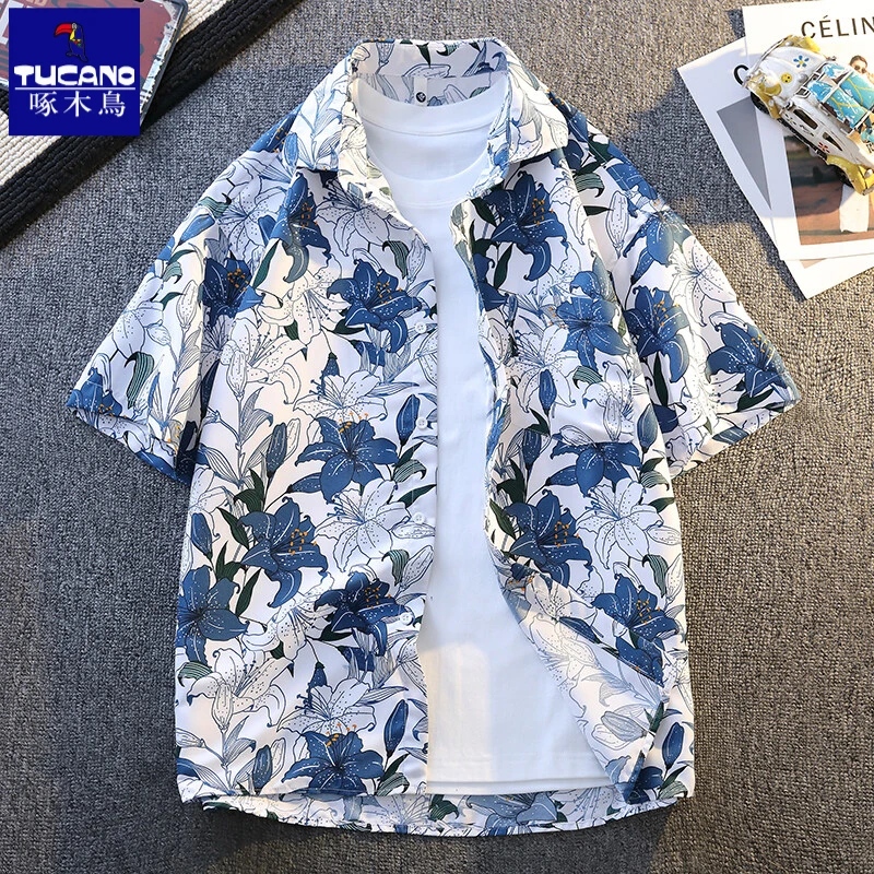啄木鸟高棉感2025夏季新款印花短袖衬衫男士时尚修身百搭高级感