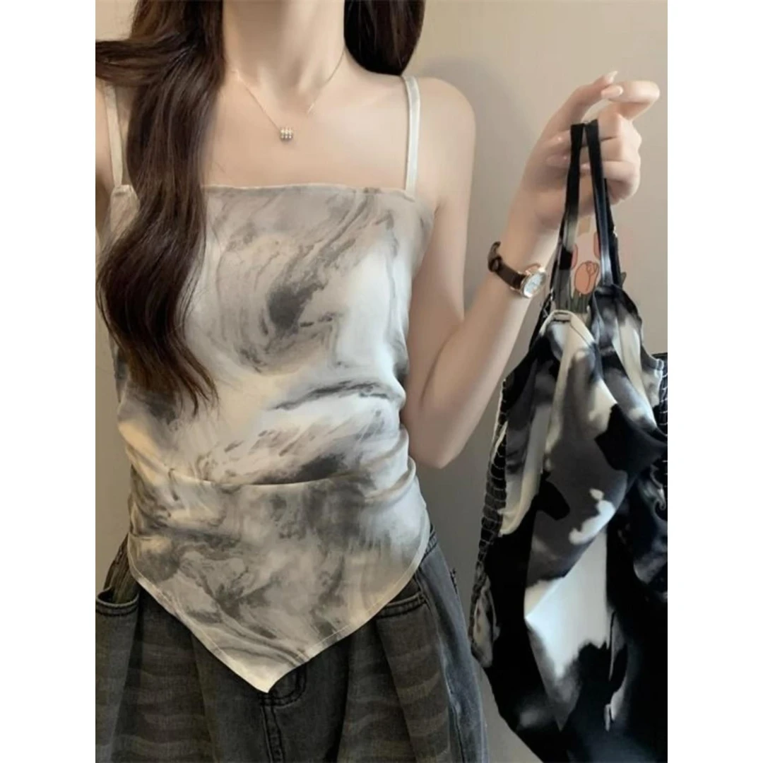 大码300斤新中式水墨画吊带背心女内搭夏胖mm外穿不规则短款上衣