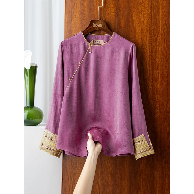 25春新加厚加密刺绣提花新中式上衣鎏金织带圆领百搭气质衬衫