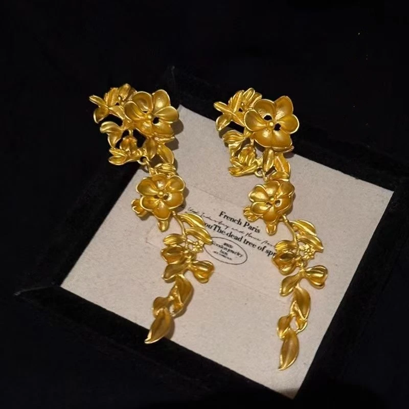 铜合金耳饰 花枝剪影夸张法式复古金属花朵流苏耳环轻奢耳钉